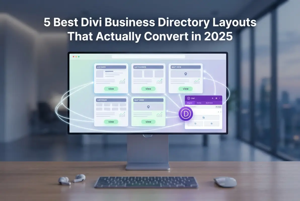 Create a striking, professional hero image for a blog article titled: 5 Best Divi Business Directory Layouts That Actually Convert in 2025. Style: Modern, clean, eye-catching design that represents the main topic. No text overlays. High quality 1200x800 professional blog header.