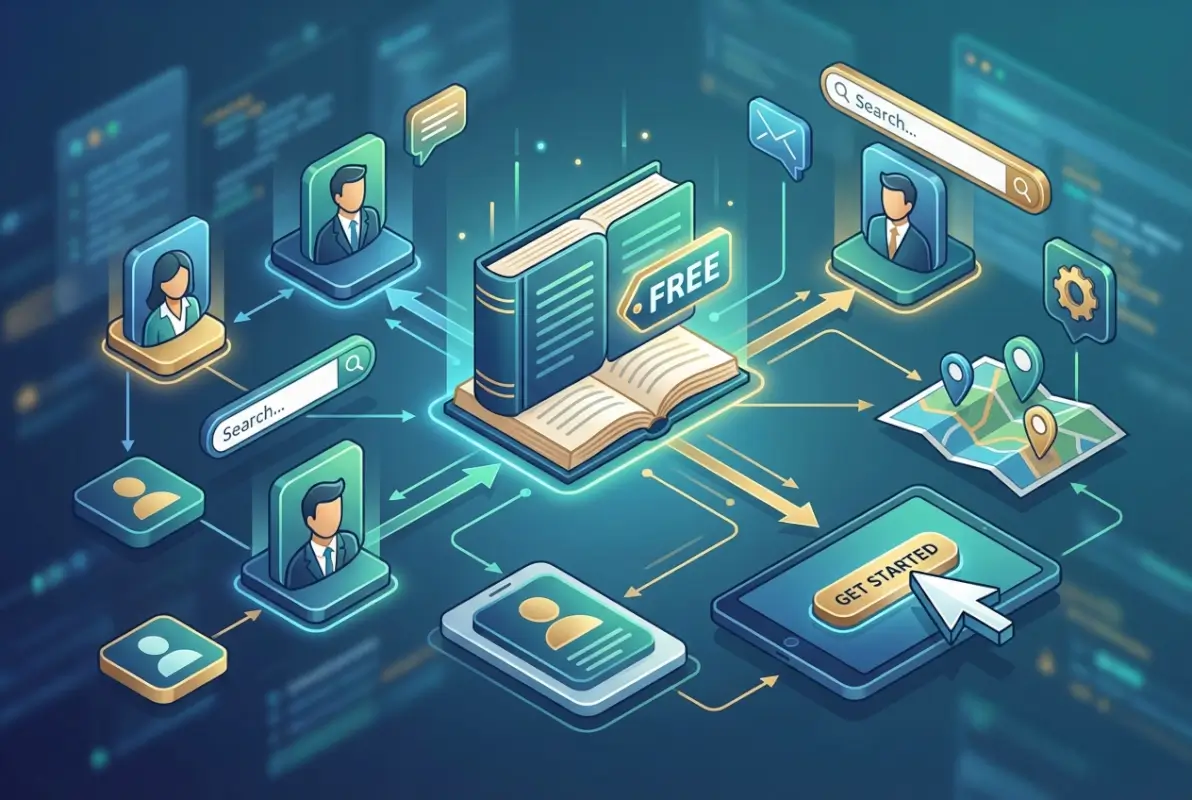 Create a striking, professional hero image for a blog article titled: Free Business Directory Listing: Complete Guide to Getting Started. Style: Modern, clean, eye-catching design that represents the main topic. No text overlays. High quality 1200x800 professional blog header.