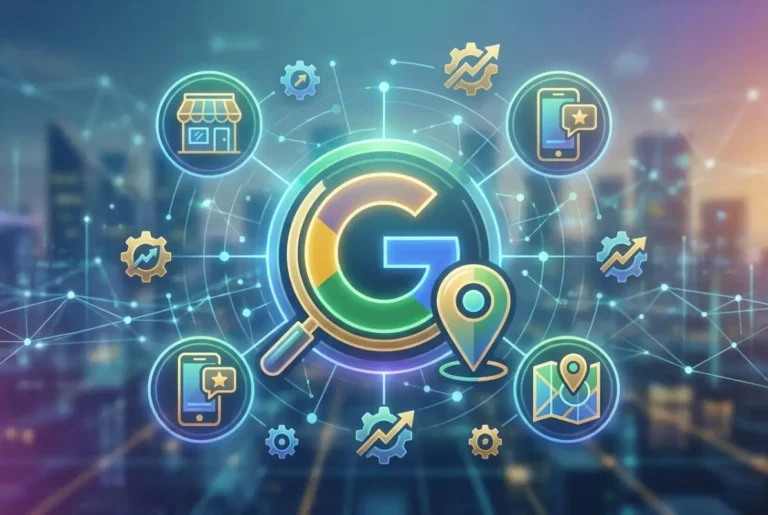 Create a striking, professional hero image for a blog article titled: Google Business Profile Optimization: 7 Expert Tips for Local SEO in 2025. Style: Modern, clean, eye-catching design that represents the main topic. No text overlays. High quality 1200x800 professional blog header.