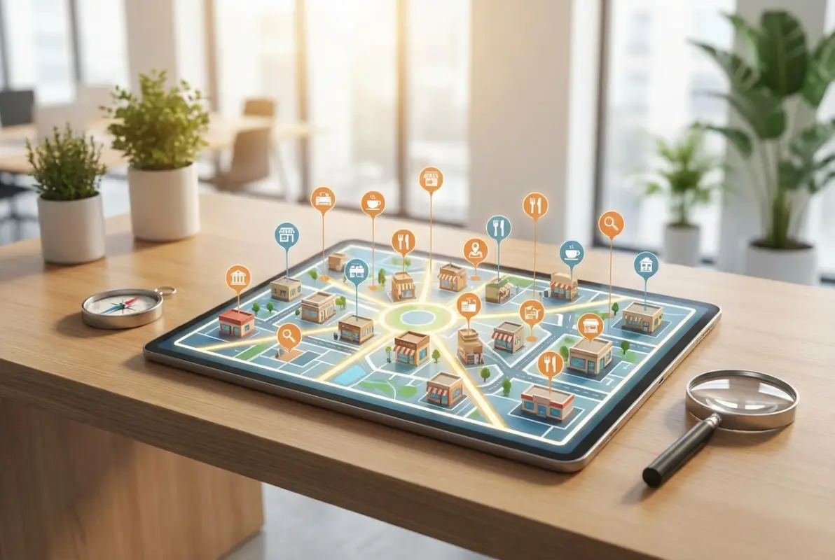 Create a striking, professional hero image for a blog article titled: How to Start a Local Business Directory Website: Complete 2025 Model & Step-by-Step Guide. Style: Modern, clean, eye-catching design that represents the main topic. No text overlays. High quality 1200x800 professional blog header.