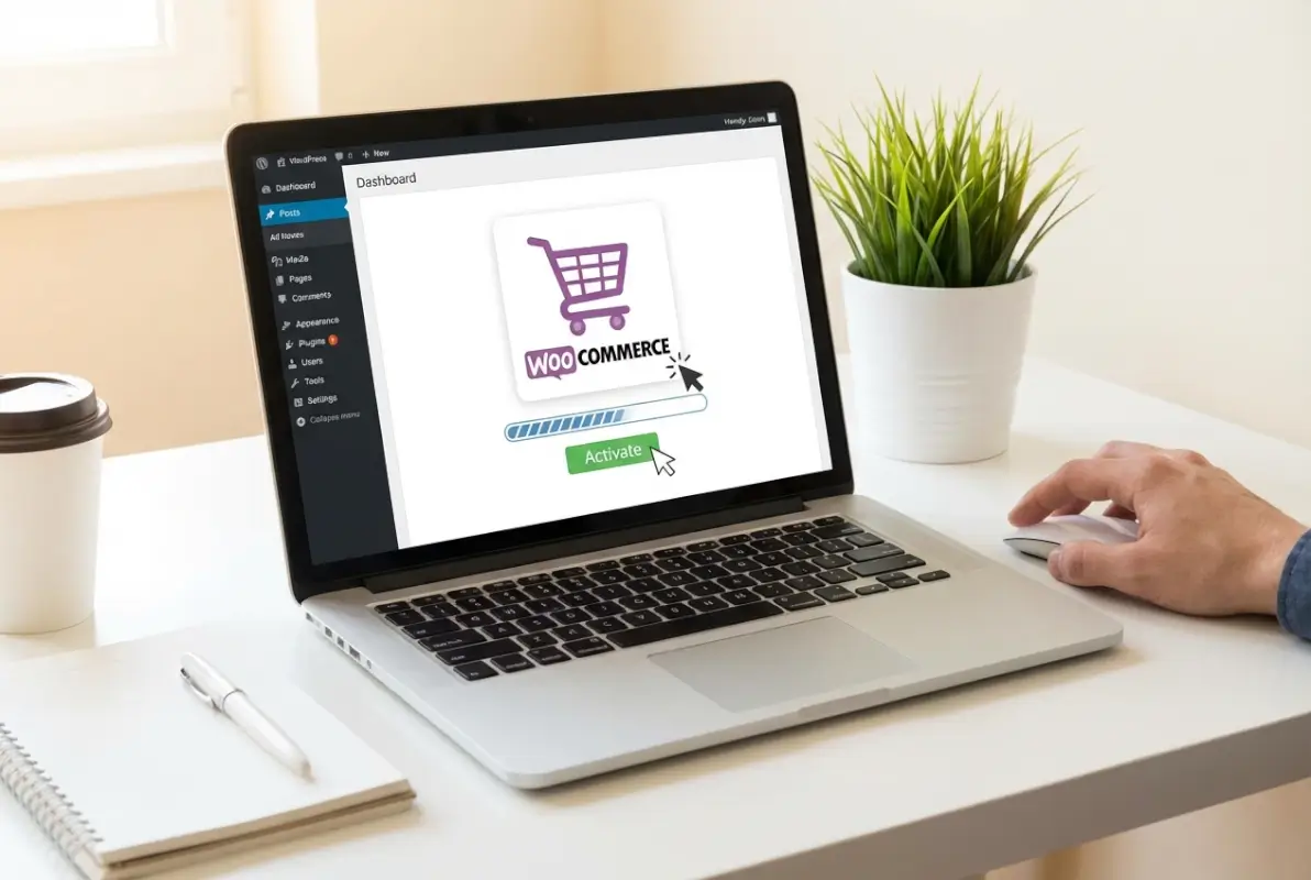 Create a striking, professional hero image for a blog article titled: How to Install WooCommerce Plugin in WordPress: A Step-by-Step Guide. Style: Modern, clean, eye-catching design that represents the main topic. No text overlays. High quality 1200x800 professional blog header.