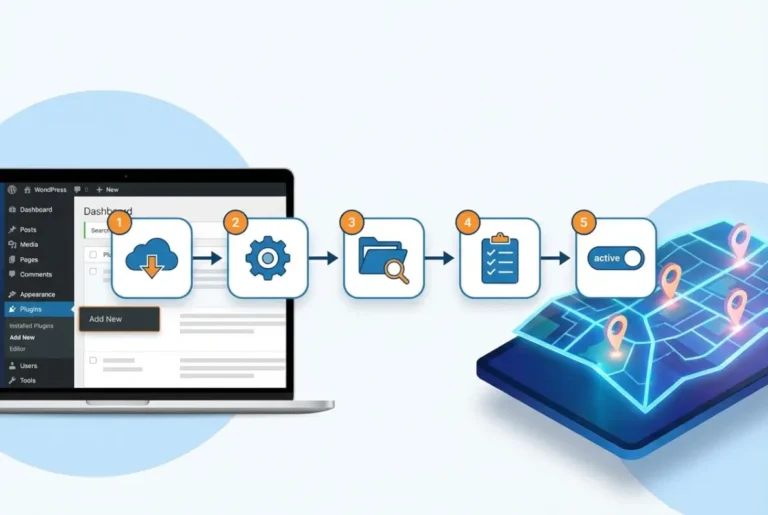 Create a striking, professional hero image for a blog article titled: How to Install a WordPress Directory Plugin: 5 Simple Steps. Style: Modern, clean, eye-catching design that represents the main topic. No text overlays. High quality 1200x800 professional blog header.