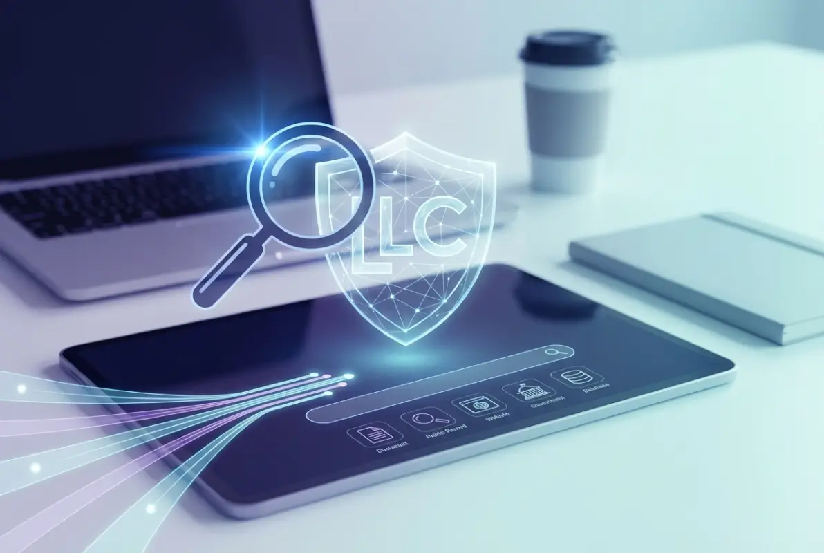 Create a striking, professional hero image for a blog article titled: How to Know if a Business Is Listed as an LLC: 5 Research Methods. Style: Modern, clean, eye-catching design that represents the main topic. No text overlays. High quality 1200x800 professional blog header.