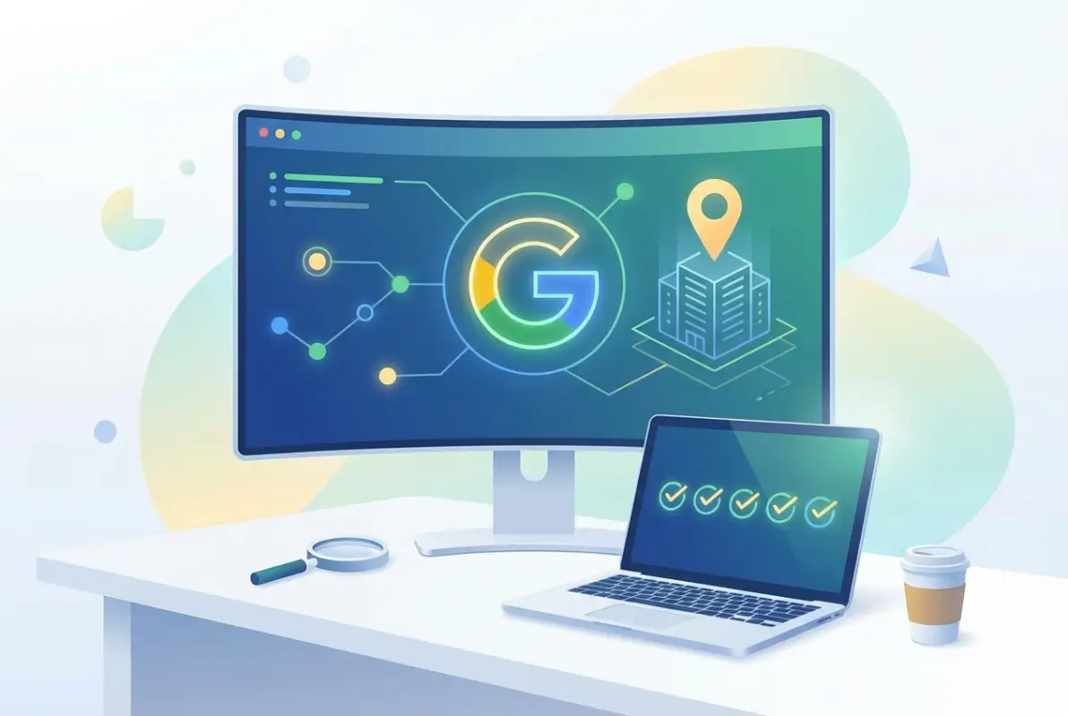 Create a striking, professional hero image for a blog article titled: How to Know if Your Business Is Listed on Google: 5 Simple Steps. Style: Modern, clean, eye-catching design that represents the main topic. No text overlays. High quality 1200x800 professional blog header.