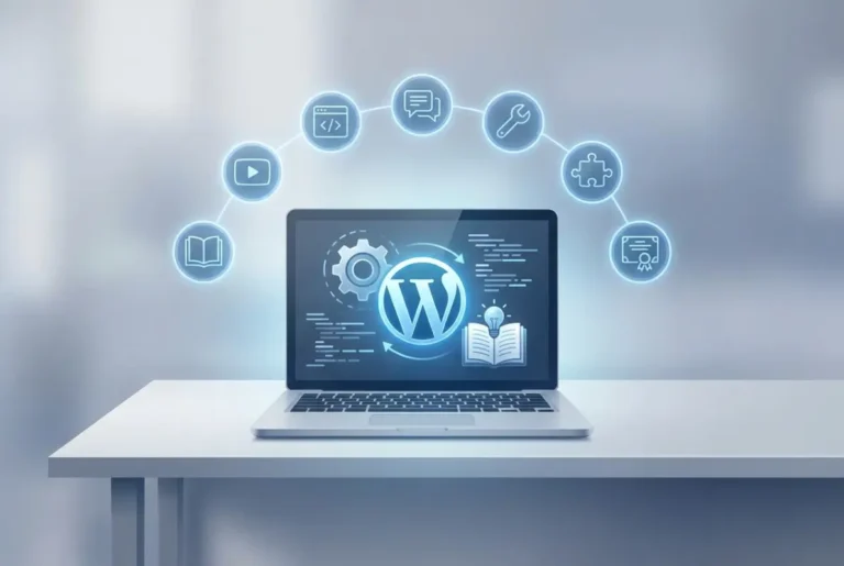 Create a striking, professional hero image for a blog article titled: How to Learn WordPress Plugin Development: 7 Resources for Beginners. Style: Modern, clean, eye-catching design that represents the main topic. No text overlays. High quality 1200x800 professional blog header.