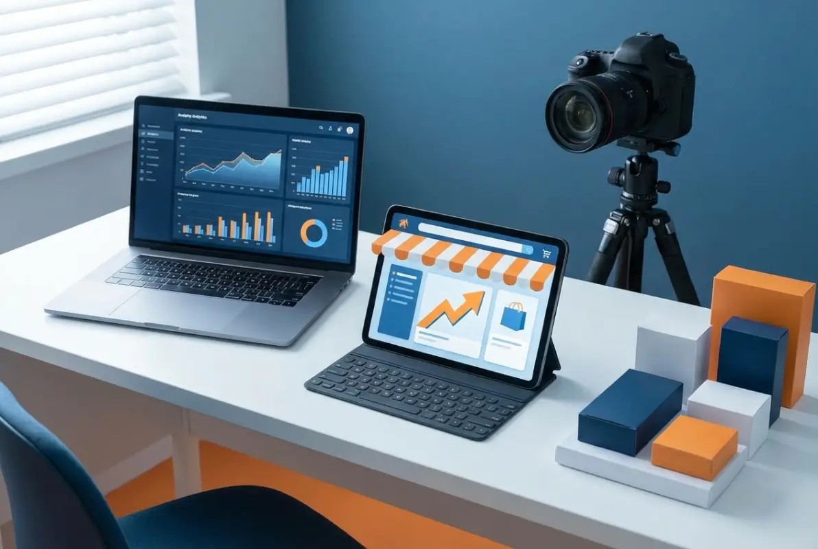 Create a striking, professional hero image for a blog article titled: How to Level Up Your eBay Listings: 8 Optimization Tips for Sellers. Style: Modern, clean, eye-catching design that represents the main topic. No text overlays. High quality 1200x800 professional blog header.