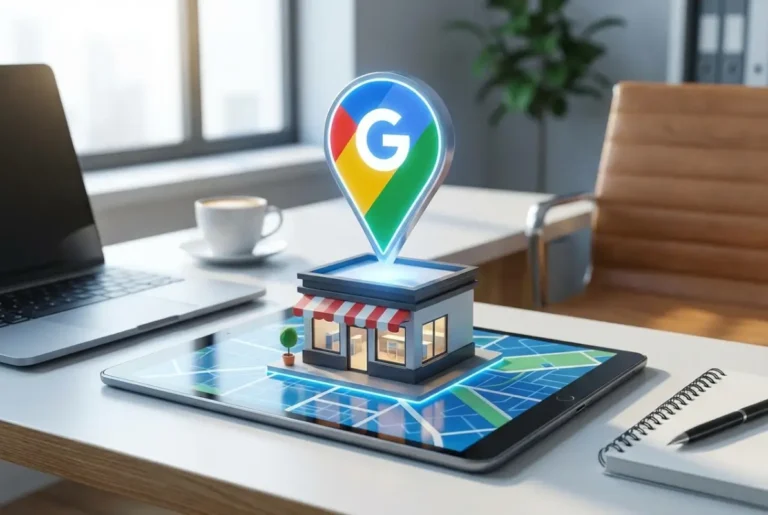 Create a striking, professional hero image for a blog article titled: How to List Your Business on Google: A Step-by-Step Guide. Style: Modern, clean, eye-catching design that represents the main topic. No text overlays. High quality 1200x800 professional blog header.