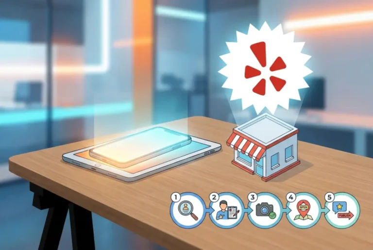 Create a striking, professional hero image for a blog article titled: How to List Your Business on Yelp: 5 Essential Steps. Style: Modern, clean, eye-catching design that represents the main topic. No text overlays. High quality 1200x800 professional blog header.