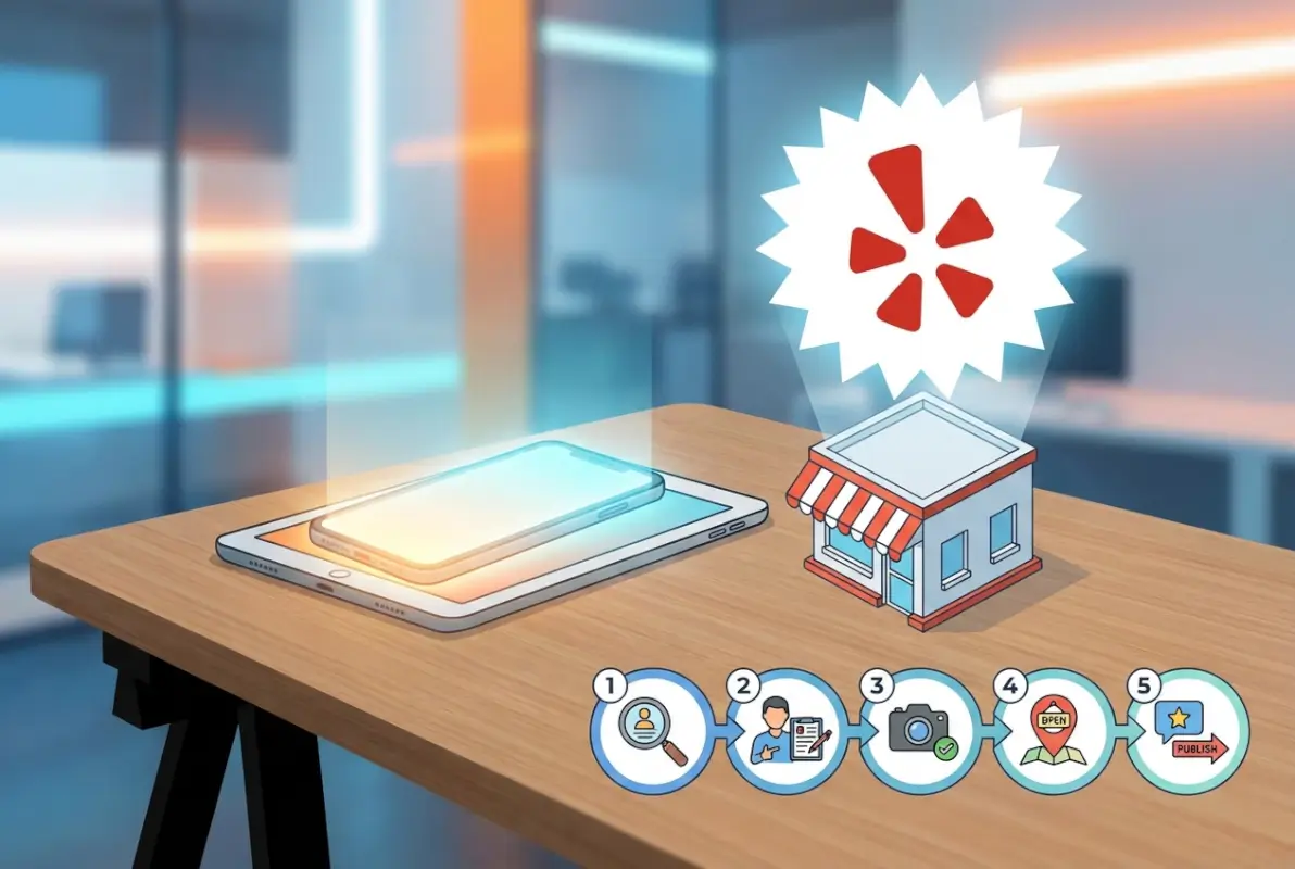 Create a striking, professional hero image for a blog article titled: How to List Your Business on Yelp: 5 Essential Steps. Style: Modern, clean, eye-catching design that represents the main topic. No text overlays. High quality 1200x800 professional blog header.