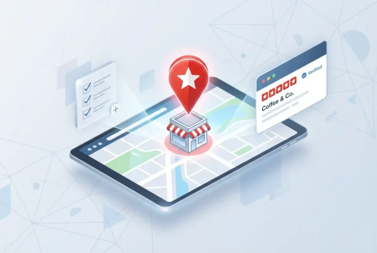 Create a striking, professional hero image for a blog article titled: How to List Your Business on Yelp: A Step-by-Step Guide. Style: Modern, clean, eye-catching design that represents the main topic. No text overlays. High quality 1200x800 professional blog header.