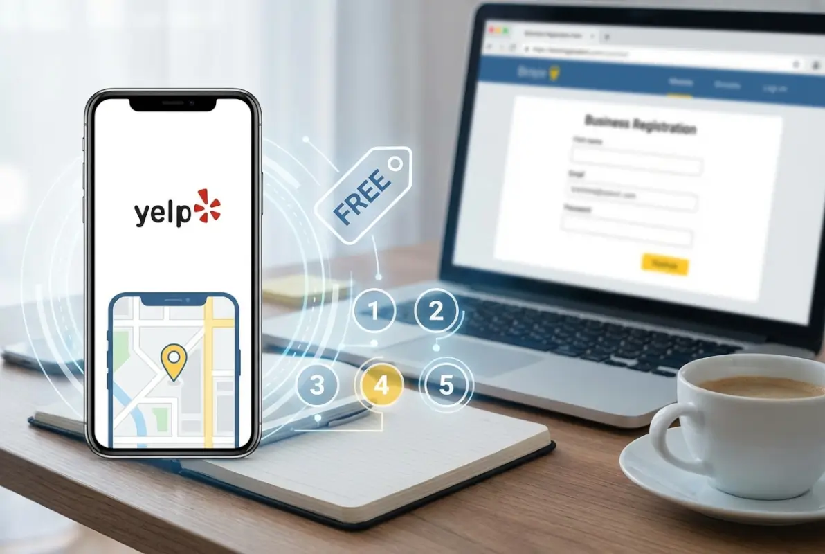 Create a striking, professional hero image for a blog article titled: How to List Your Business on Yelp for Free: 5 Simple Steps. Style: Modern, clean, eye-catching design that represents the main topic. No text overlays. High quality 1200x800 professional blog header.