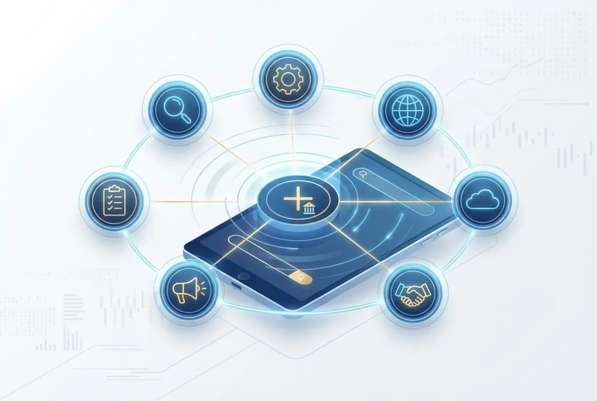 Create a striking, professional hero image for a blog article titled: How to List Your Company in Business Directories: 7 Proven Methods. Style: Modern, clean, eye-catching design that represents the main topic. No text overlays. High quality 1200x800 professional blog header.