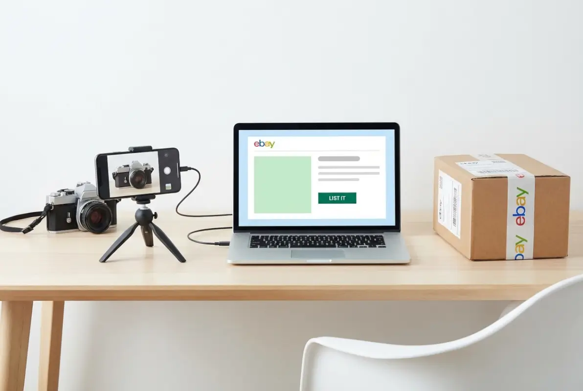 Create a striking, professional hero image for a blog article titled: How to List on eBay for Beginners: A Step-by-Step Guide. Style: Modern, clean, eye-catching design that represents the main topic. No text overlays. High quality 1200x800 professional blog header.