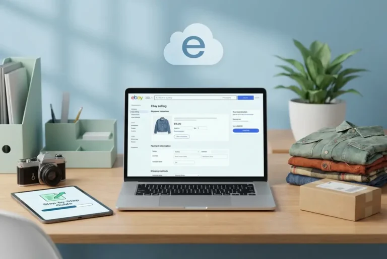 Create a striking, professional hero image for a blog article titled: How to List on eBay for Beginners: A Step-by-Step Guide. Style: Modern, clean, eye-catching design that represents the main topic. No text overlays. High quality 1200x800 professional blog header.