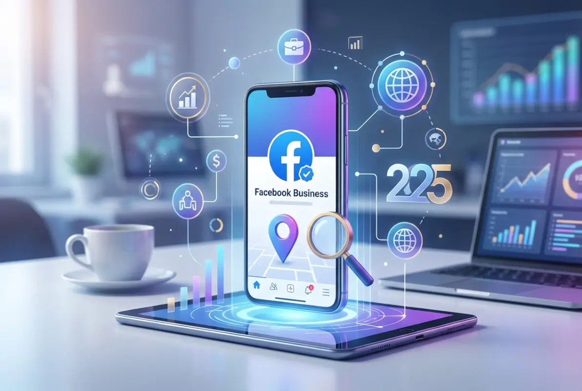 Create a striking, professional hero image for a blog article titled: How to List Your Business on Facebook Directory: Complete 2025 Guide. Style: Modern, clean, eye-catching design that represents the main topic. No text overlays. High quality 1200x800 professional blog header.