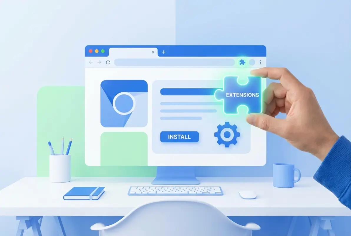 Create a striking, professional hero image for a blog article titled: How to Load Chrome Plugins: A Beginner's Guide. Style: Modern, clean, eye-catching design that represents the main topic. No text overlays. High quality 1200x800 professional blog header.