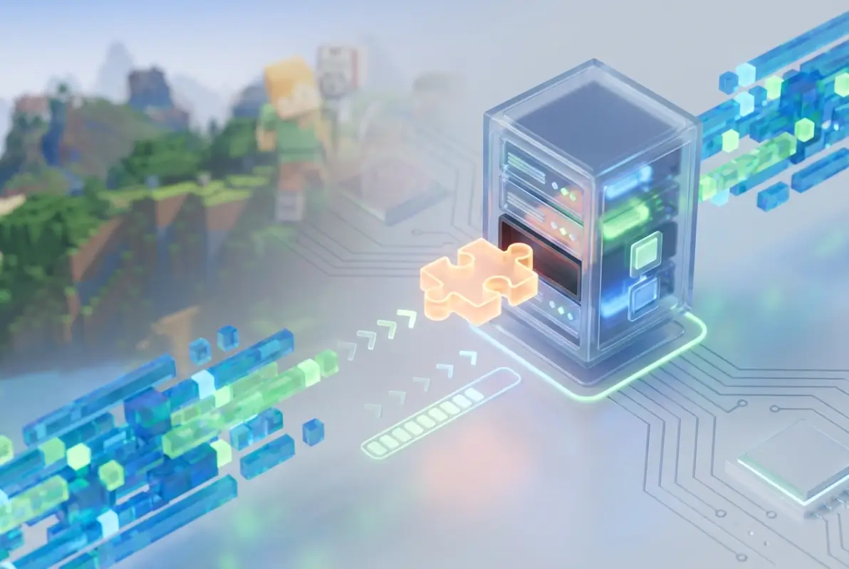 Create a striking, professional hero image for a blog article titled: How to Load a Plugin on a Minecraft Server: A Step-by-Step Guide. Style: Modern, clean, eye-catching design that represents the main topic. No text overlays. High quality 1200x800 professional blog header.