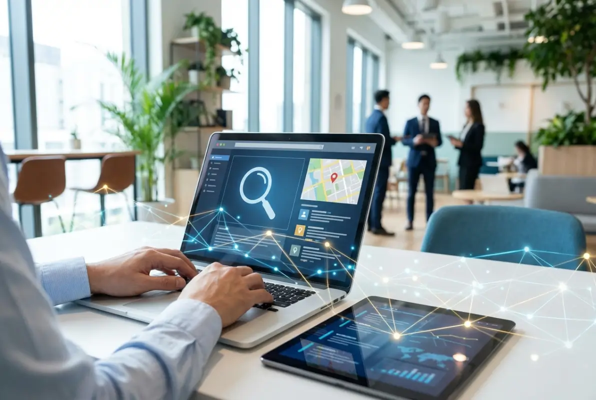 Create a striking, professional hero image for a blog article titled: How to Look Up a Business Listing: 6 Online Directories to Use. Style: Modern, clean, eye-catching design that represents the main topic. No text overlays. High quality 1200x800 professional blog header.