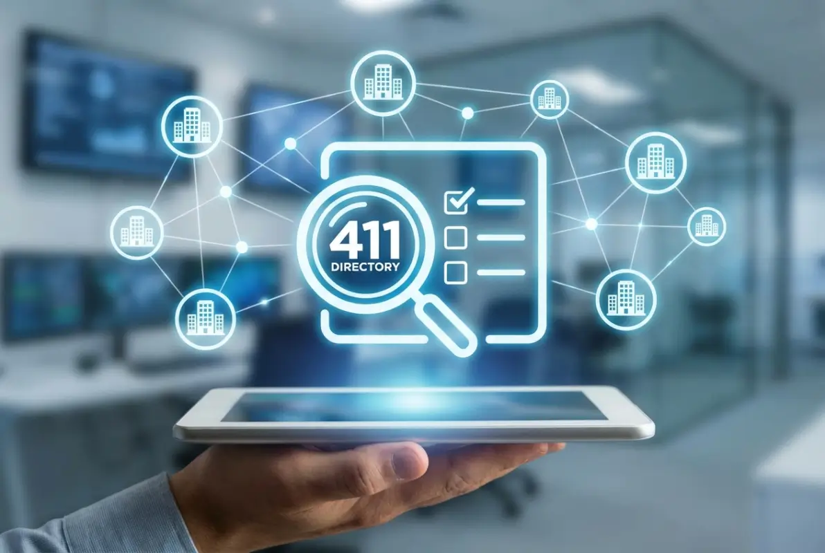 Create a striking, professional hero image for a blog article titled: How to Register Your Company in 411 Business Directory: Complete Guide. Style: Modern, clean, eye-catching design that represents the main topic. No text overlays. High quality 1200x800 professional blog header.