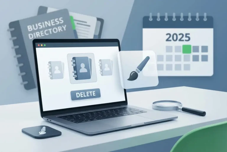 Create a striking, professional hero image for a blog article titled: How to Remove Old Business Directory Listings: Complete 2025 Cleanup Guide. Style: Modern, clean, eye-catching design that represents the main topic. No text overlays. High quality 1200x800 professional blog header.