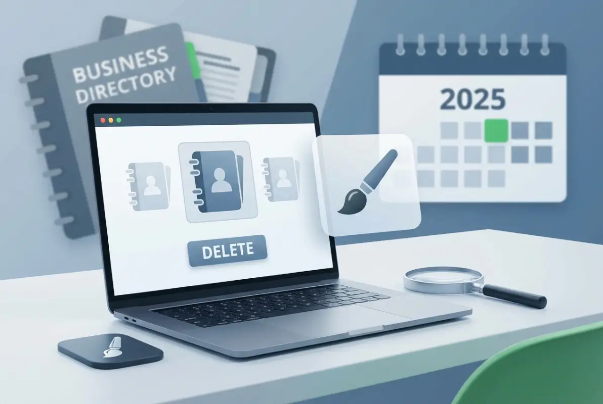 Create a striking, professional hero image for a blog article titled: How to Remove Old Business Directory Listings: Complete 2025 Cleanup Guide. Style: Modern, clean, eye-catching design that represents the main topic. No text overlays. High quality 1200x800 professional blog header.