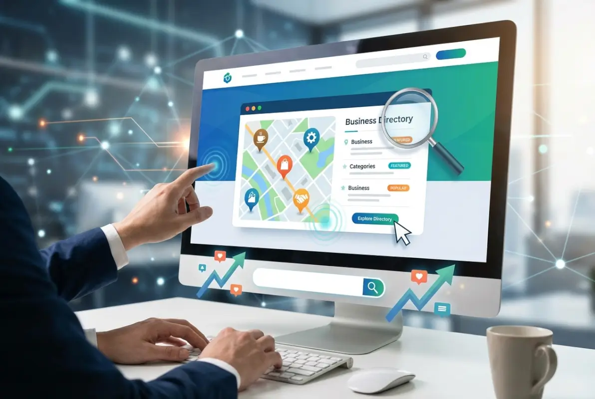 Create a striking, professional hero image for a blog article titled: How to Showcase Your Business Directory on Homepage for Maximum Engagement. Style: Modern, clean, eye-catching design that represents the main topic. No text overlays. High quality 1200x800 professional blog header.