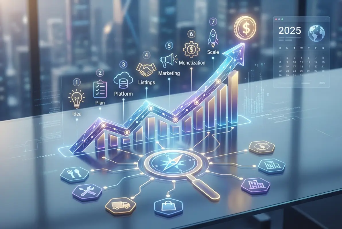 Create a striking, professional hero image for a blog article titled: How to Start a Profitable Business Directory in 7 Steps (2025 Guide). Style: Modern, clean, eye-catching design that represents the main topic. No text overlays. High quality 1200x800 professional blog header.