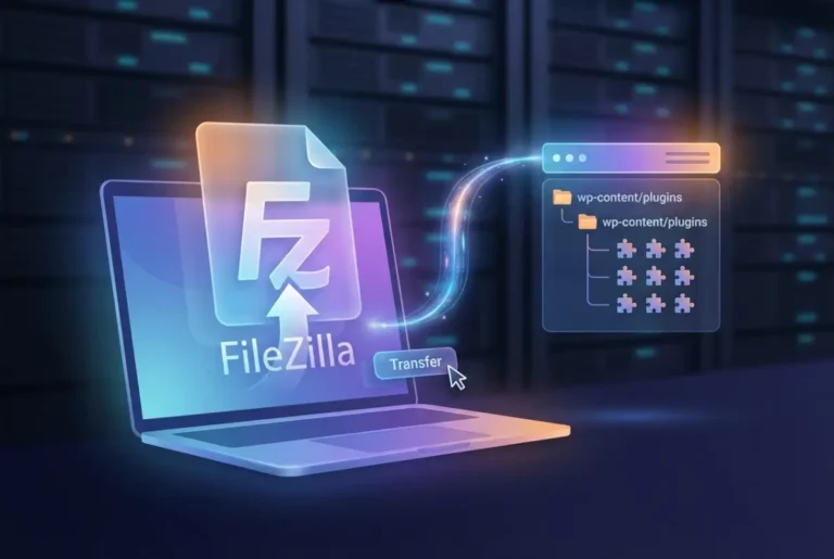 Create a striking, professional hero image for a blog article titled: How to Install Plugins Using FileZilla: A Step-by-Step Tutorial. Style: Modern, clean, eye-catching design that represents the main topic. No text overlays. High quality 1200x800 professional blog header.