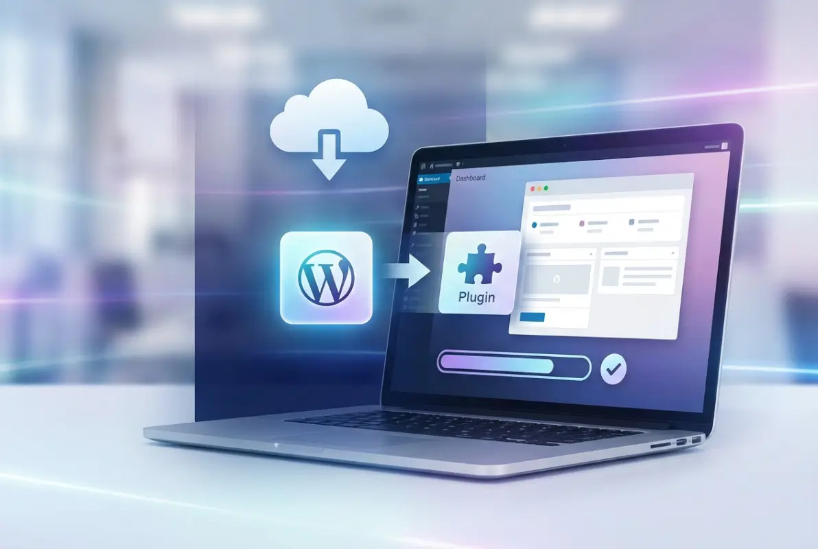 Create a striking, professional hero image for a blog article titled: How to Install a Purchased WordPress Plugin: A Step-by-Step Guide. Style: Modern, clean, eye-catching design that represents the main topic. No text overlays. High quality 1200x800 professional blog header.
