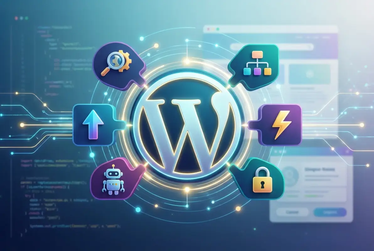 Create a striking, professional hero image for a blog article titled: How to Install SEO Plugins in WordPress: 6 Essential Extensions. Style: Modern, clean, eye-catching design that represents the main topic. No text overlays. High quality 1200x800 professional blog header.