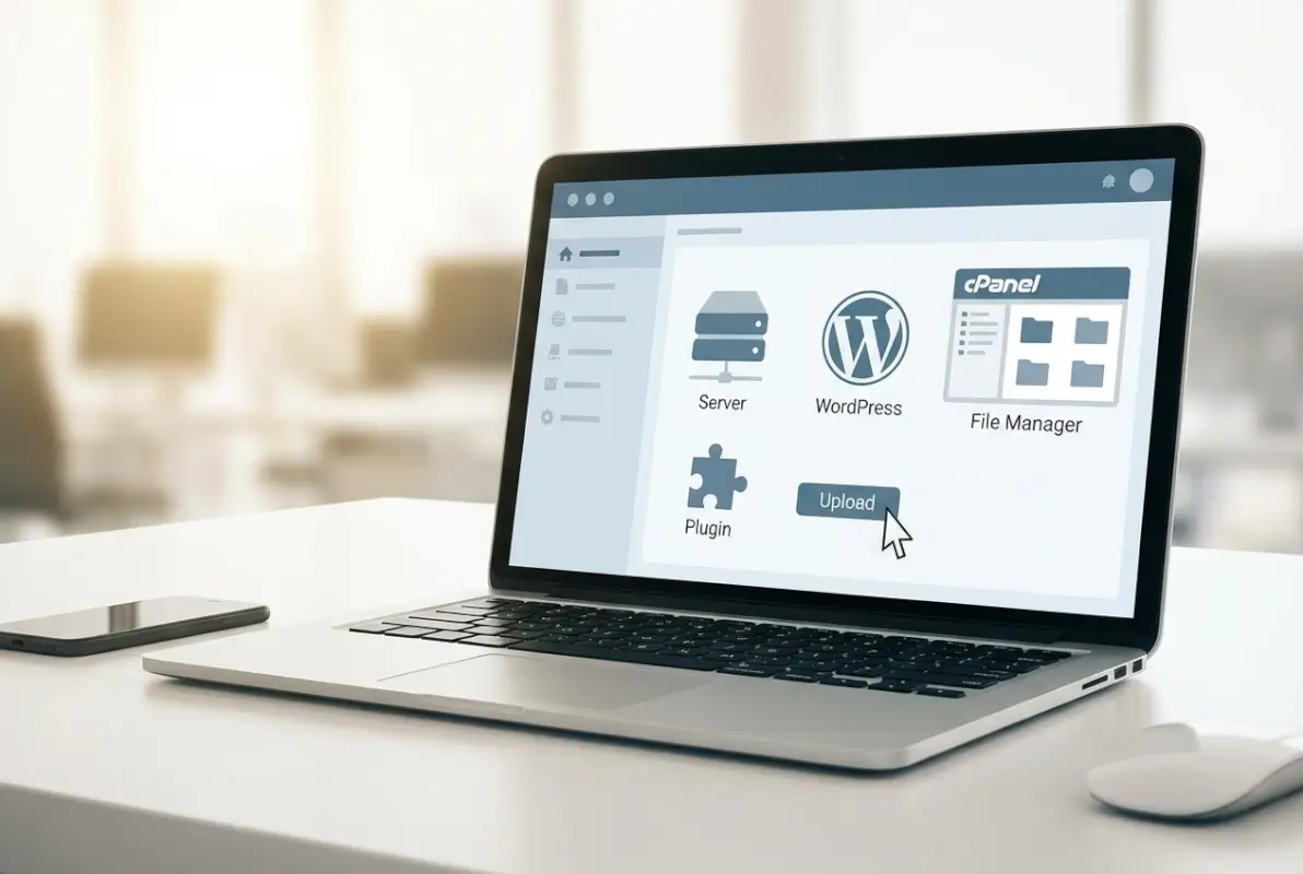 Create a striking, professional hero image for a blog article titled: How to Install a WordPress Plugin Using cPanel: A Step-by-Step Guide. Style: Modern, clean, eye-catching design that represents the main topic. No text overlays. High quality 1200x800 professional blog header.