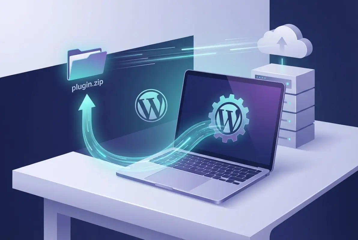 Create a striking, professional hero image for a blog article titled: How to Install WordPress Plugins Manually: A Step-by-Step Tutorial. Style: Modern, clean, eye-catching design that represents the main topic. No text overlays. High quality 1200x800 professional blog header.