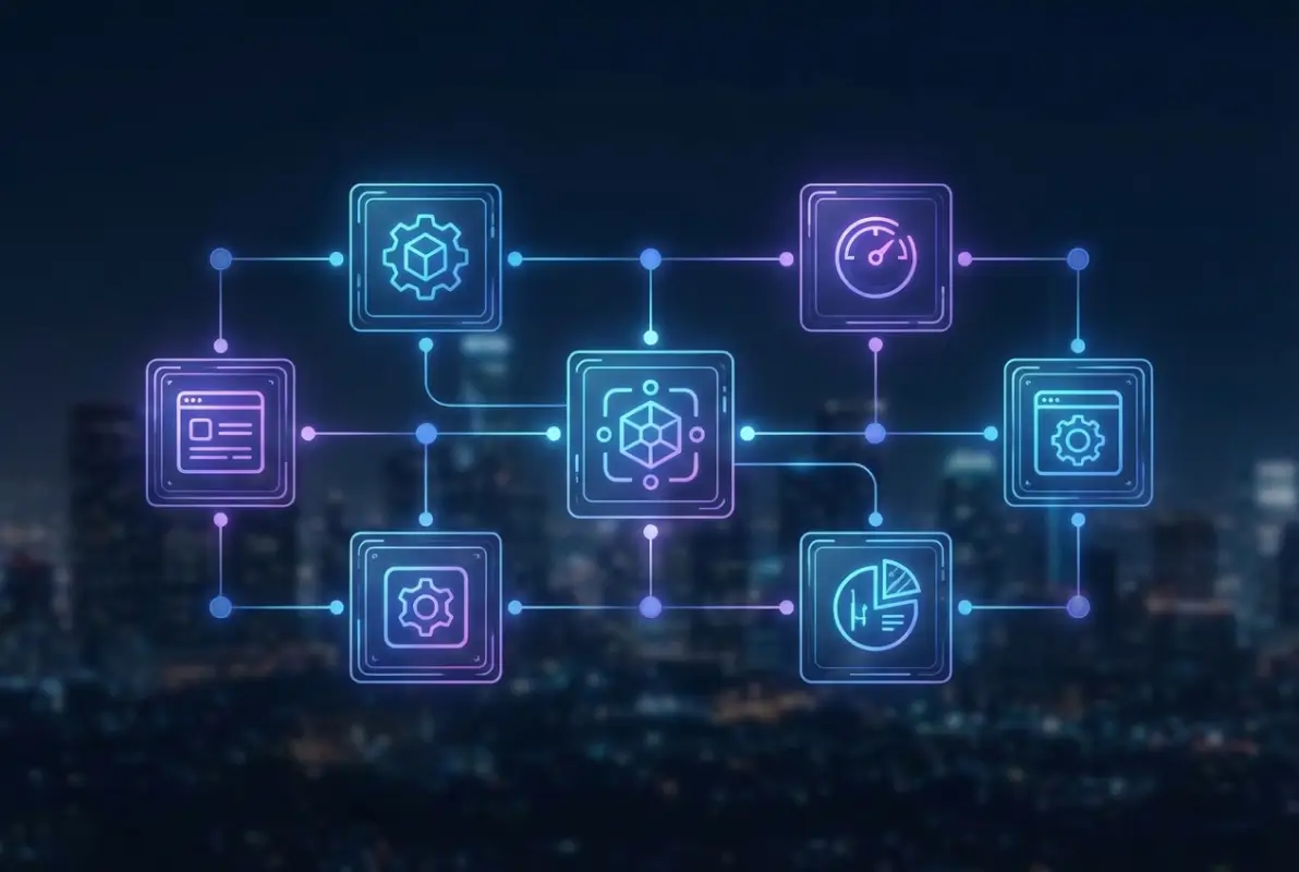 Create a striking, professional hero image for a blog article titled: What Are the Key Features of Modern Business Directories? 7 Essential Elements. Style: Modern, clean, eye-catching design that represents the main topic. No text overlays. High quality 1200x800 professional blog header.