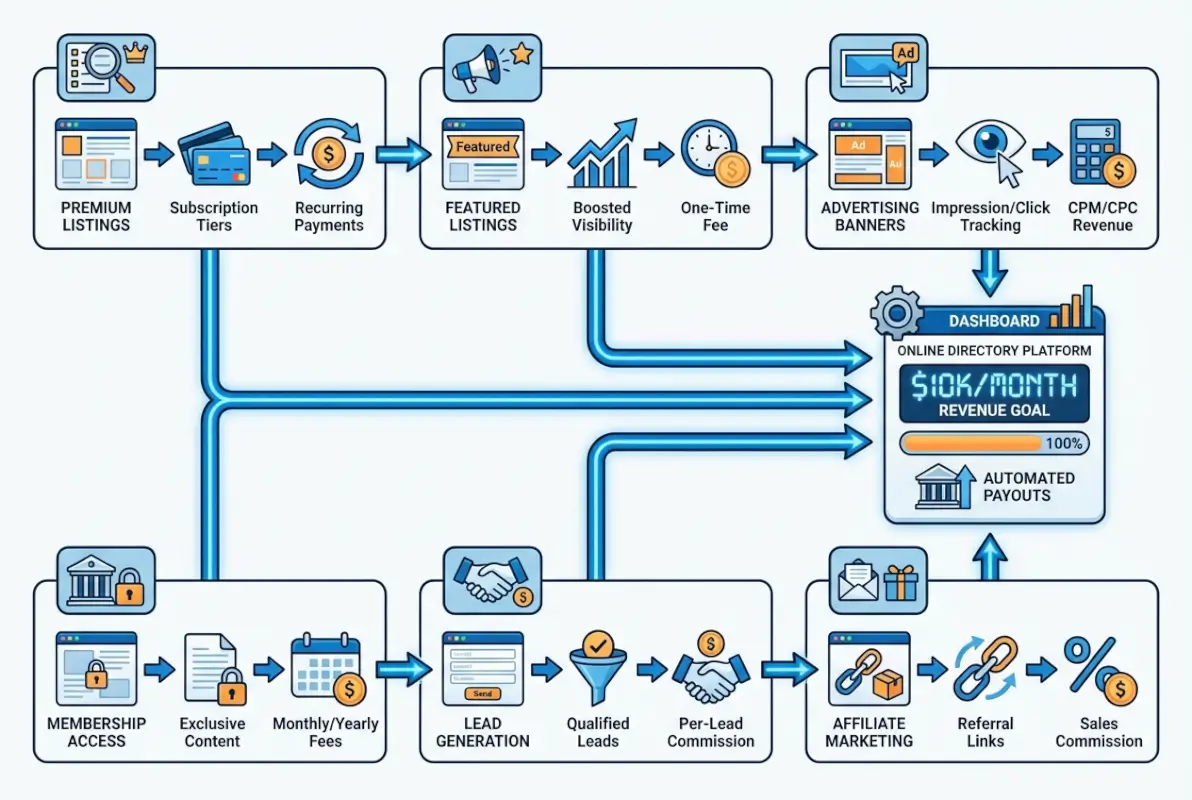 Step-by-step process for 6 Ways to Make Money from an Online Directory (Earn $10K/Month)