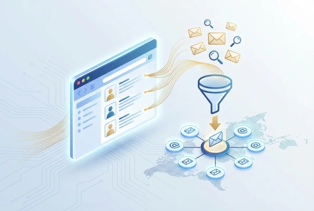 Create a striking, professional hero image for a blog article titled: 5 Methods to Extract Emails from an Online Directory for Outreach. Style: Modern, clean, eye-catching design that represents the main topic. No text overlays. High quality 1200x800 professional blog header.