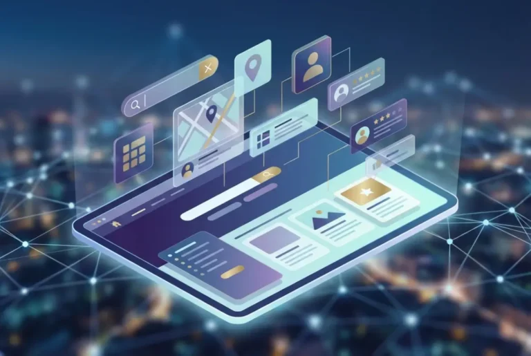 Create a striking, professional hero image for a blog article titled: 7 Must-Have Elements for Your Business Directory Homepage (2026 Guide). Style: Modern, clean, eye-catching design that represents the main topic. No text overlays. High quality 1200x800 professional blog header.