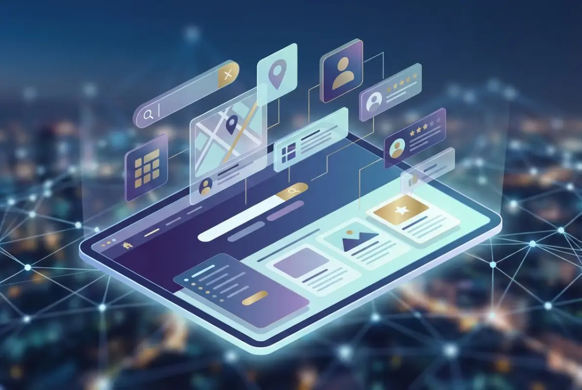 Create a striking, professional hero image for a blog article titled: 7 Must-Have Elements for Your Business Directory Homepage (2026 Guide). Style: Modern, clean, eye-catching design that represents the main topic. No text overlays. High quality 1200x800 professional blog header.