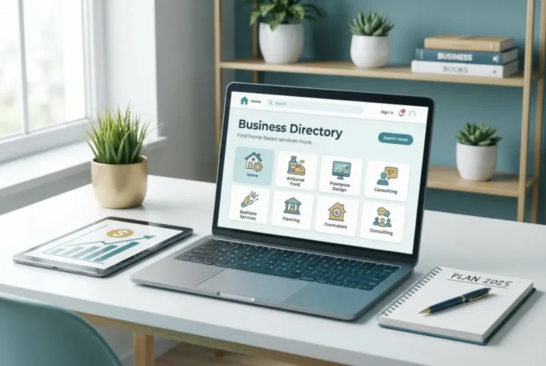 Create a striking, professional hero image for a blog article titled: How to Launch a Profitable Home-Based Business Directory in 2025: Complete Step-by-Step Guide. Style: Modern, clean, eye-catching design that represents the main topic. No text overlays. High quality 1200x800 professional blog header.