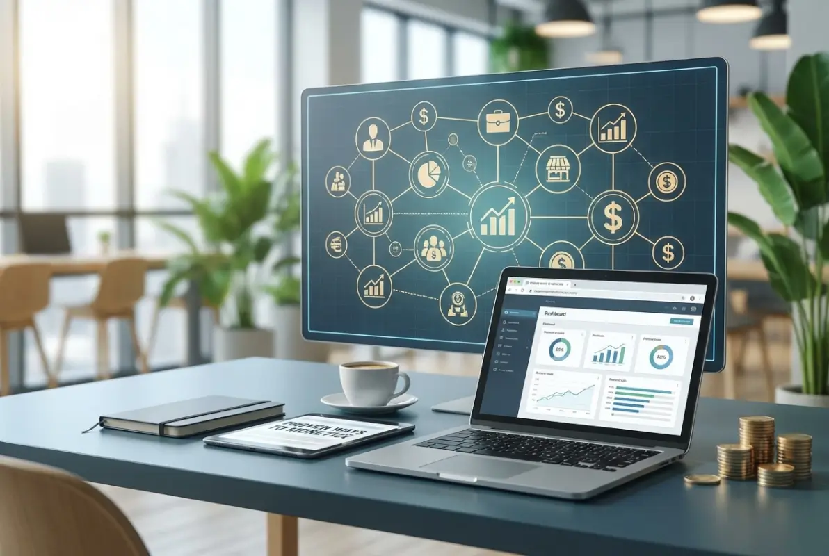 Create a striking, professional hero image for a blog article titled: 6 Proven Ways to Monetize Your Business Directory Startup in 2025. Style: Modern, clean, eye-catching design that represents the main topic. No text overlays. High quality 1200x800 professional blog header.