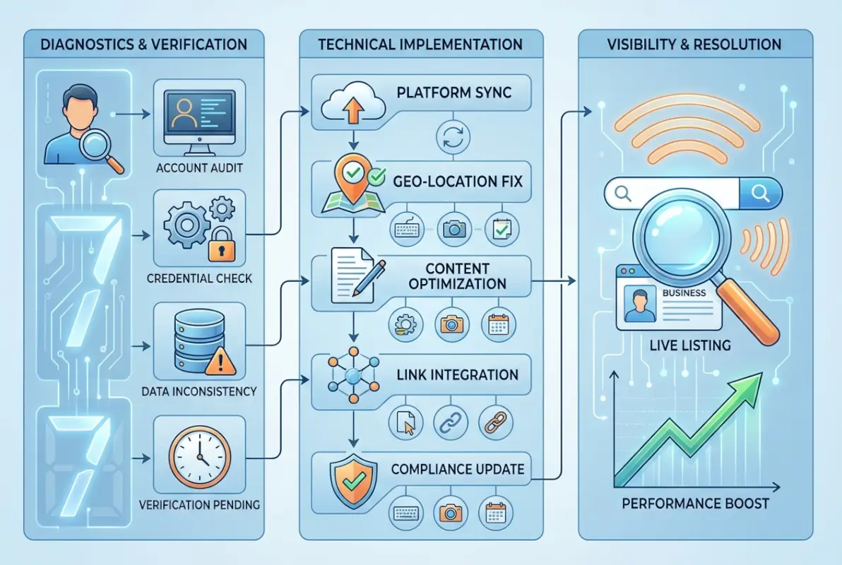 Step-by-step process for 7 Reasons Why Your Business Listing Isn't Showing Up (+ How to Fix It)
