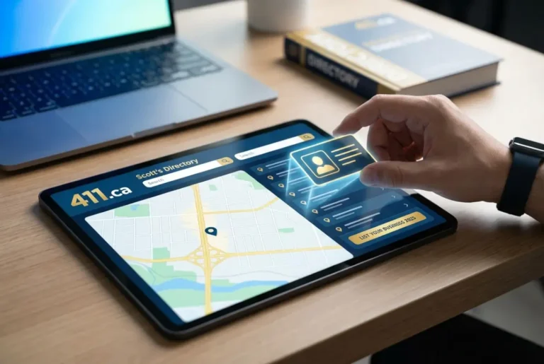 Create a striking, professional hero image for a blog article titled: How to Add Your Business to 411.ca & Scott's Directory: Complete 2025 Listing Guide. Style: Modern, clean, eye-catching design that represents the main topic. No text overlays. High quality 1200x800 professional blog header.