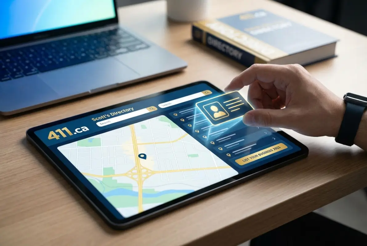 Create a striking, professional hero image for a blog article titled: How to Add Your Business to 411.ca & Scott's Directory: Complete 2025 Listing Guide. Style: Modern, clean, eye-catching design that represents the main topic. No text overlays. High quality 1200x800 professional blog header.