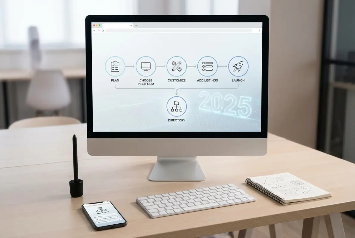 Create a striking, professional hero image for a blog article titled: 5 Simple Steps to Start a Free Directory Website in 2025. Style: Modern, clean, eye-catching design that represents the main topic. No text overlays. High quality 1200x800 professional blog header.