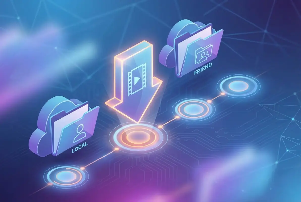 Create a striking, professional hero image for a blog article titled: 5 Steps to Download Large Videos from a Friend's Online Directory. Style: Modern, clean, eye-catching design that represents the main topic. No text overlays. High quality 1200x800 professional blog header.