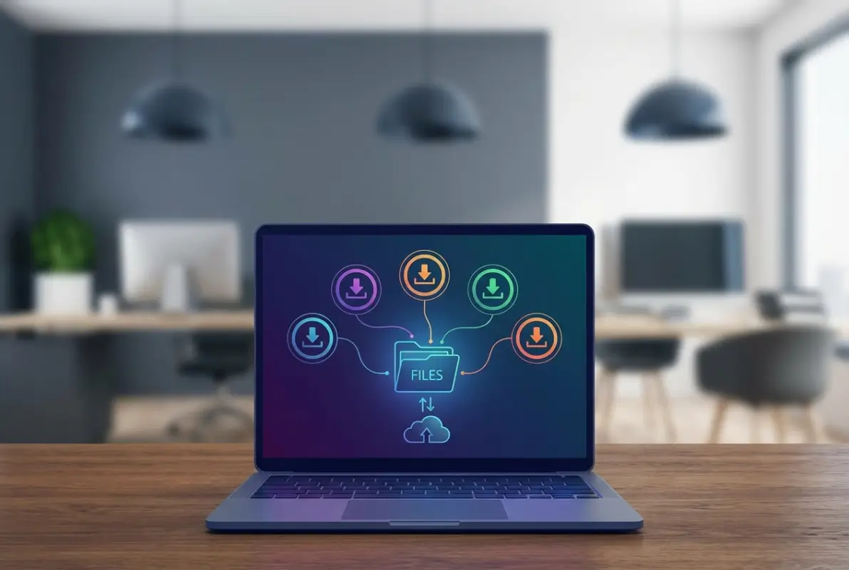 Create a striking, professional hero image for a blog article titled: 5 Ways to Download All Files in an Online Directory. Style: Modern, clean, eye-catching design that represents the main topic. No text overlays. High quality 1200x800 professional blog header.