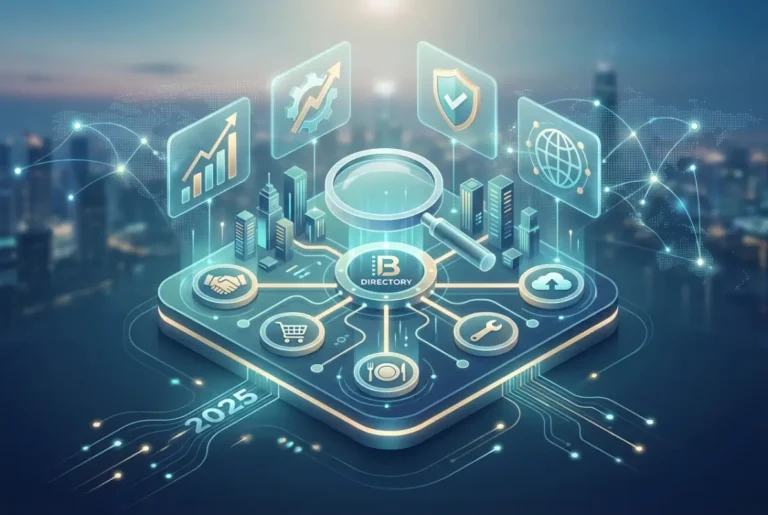 Create a striking, professional hero image for a blog article titled: What Is a Business Directory Website? Essential Elements & Success Strategies for 2025. Style: Modern, clean, eye-catching design that represents the main topic. No text overlays. High quality 1200x800 professional blog header.