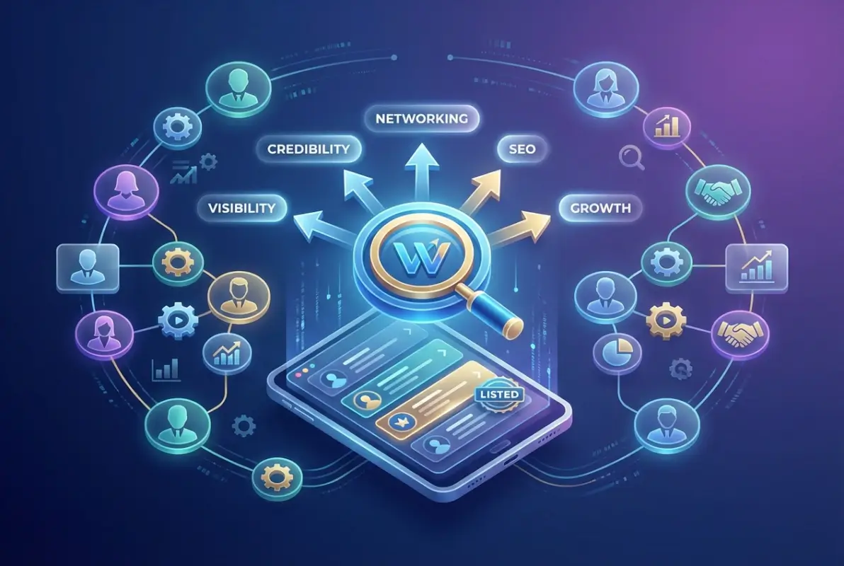 Create a striking, professional hero image for a blog article titled: Who's Who Business Directory: 5 Reasons to Get Listed Now. Style: Modern, clean, eye-catching design that represents the main topic. No text overlays. High quality 1200x800 professional blog header.