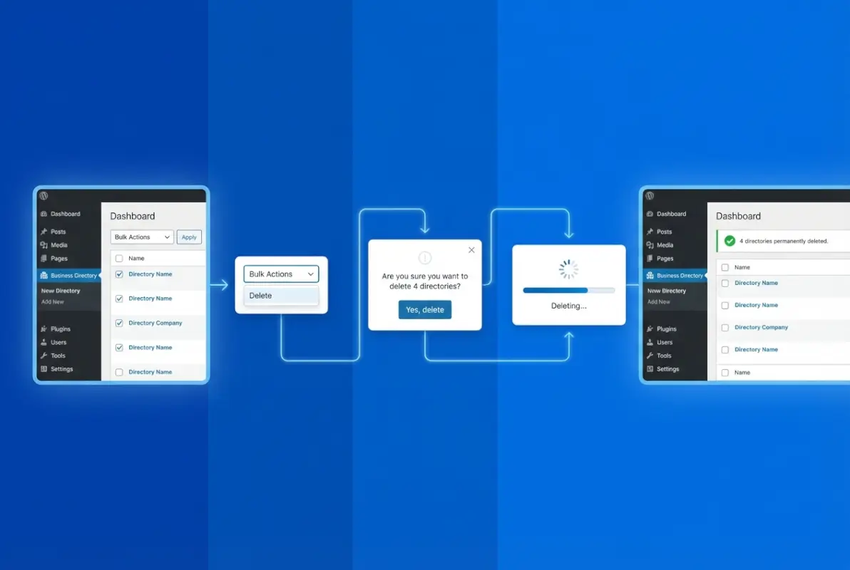 Tools and interfaces for 5 Steps to Delete Multiple Directories in WordPress Business Directory Plugin