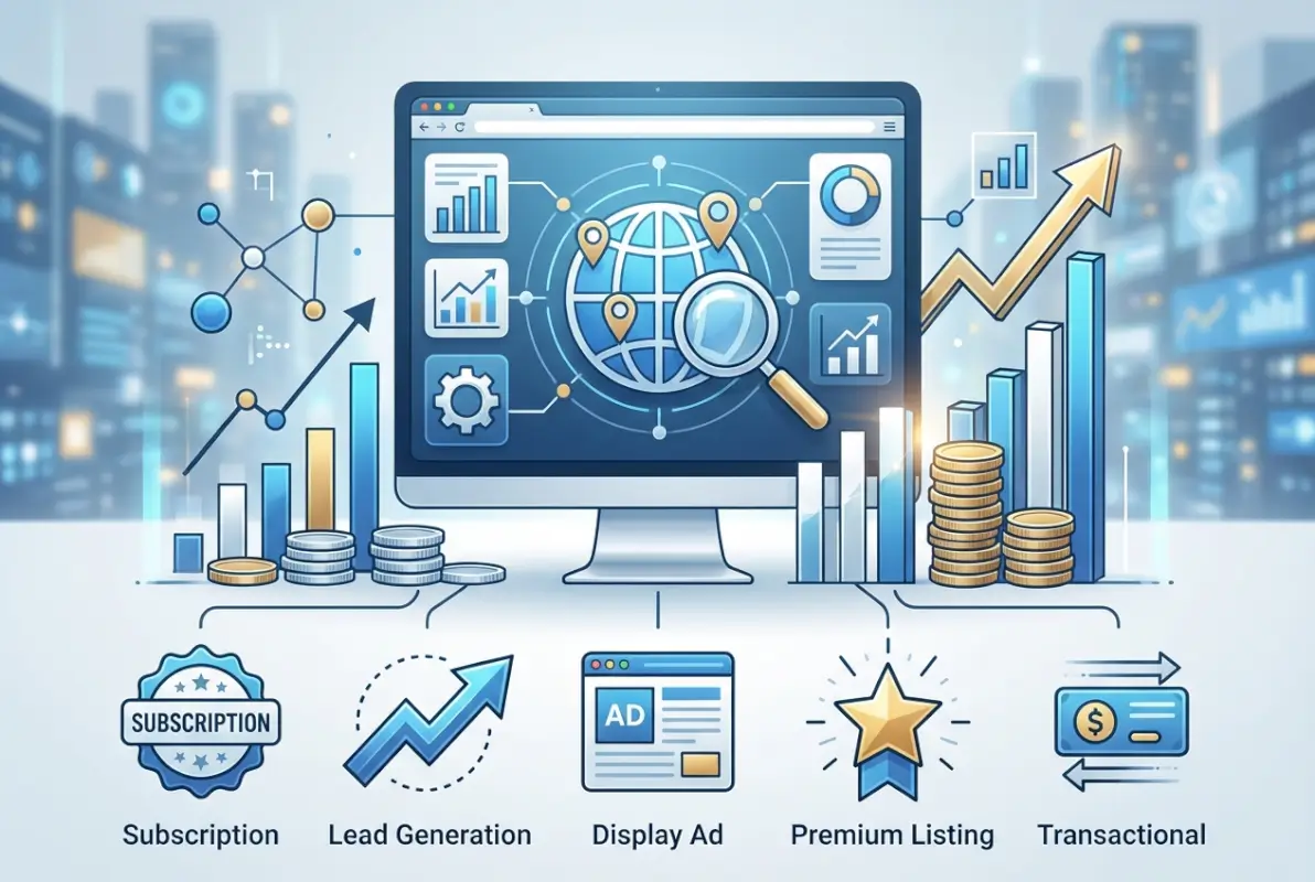Visual overview of 5 Revenue Models for Online Business Directories (Earn $10K/Month)