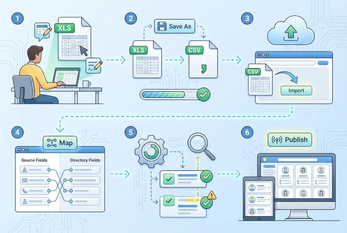 Step-by-step process for Using an XLS File to Populate an Online Directory: 6 Simple Steps
